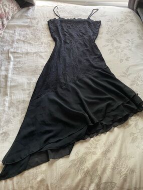 Forever21 Y2K Black Pointelle Lace Asymmetric Chiffon Dress Large Whimsigoth 00s